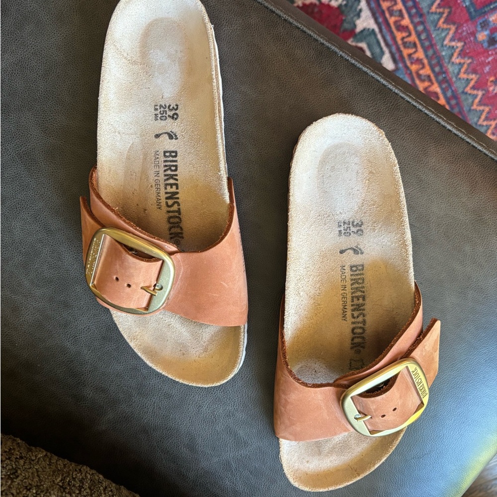 Birkenstock Madrid big buckle in burnt orange/caramel nubuck leather.